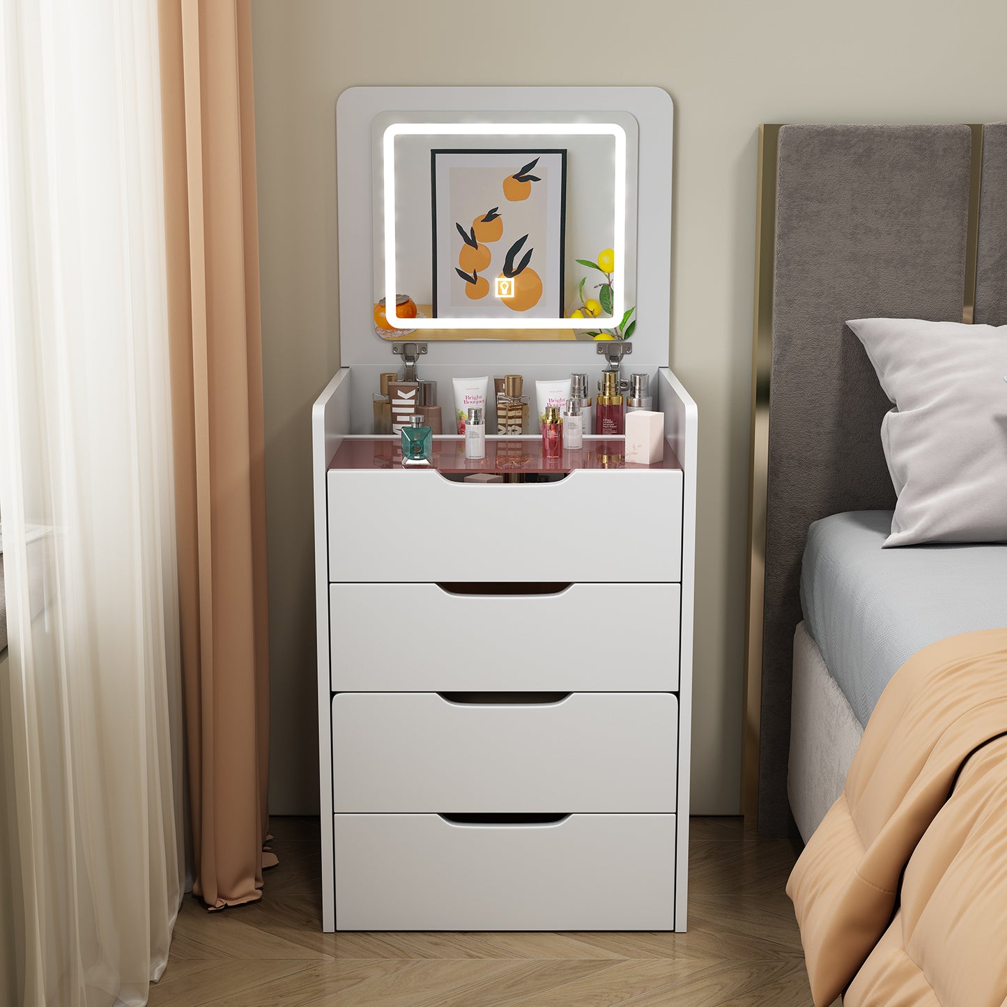 3 in 1 Vanity Desk with Plip Top Mirror,Small Make Up Vanity Set with Visible Glass Desktop,Compact Makeup Vanity with 3 Drawers,Cushioned Tool,Dressing Table for Bedroom, Xmas Christmas Gift