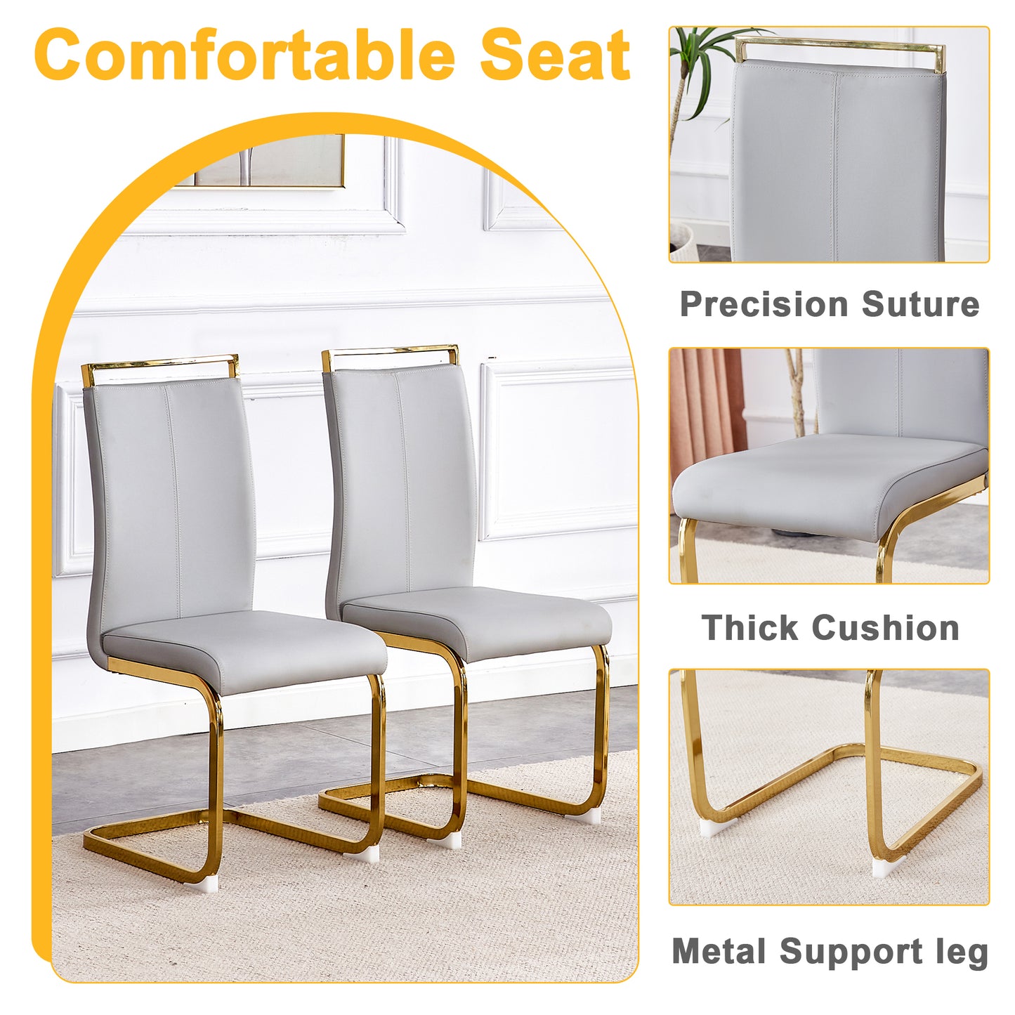 Table and chair set.Subtle Luxury Clear Tempered Glass Dining Set - 71"x35.4" with 6 Light Gray PU Chairs.C-tube Gold Metal Chair Legs.Bring a comfortable home experience to the kitchen, bedroom.