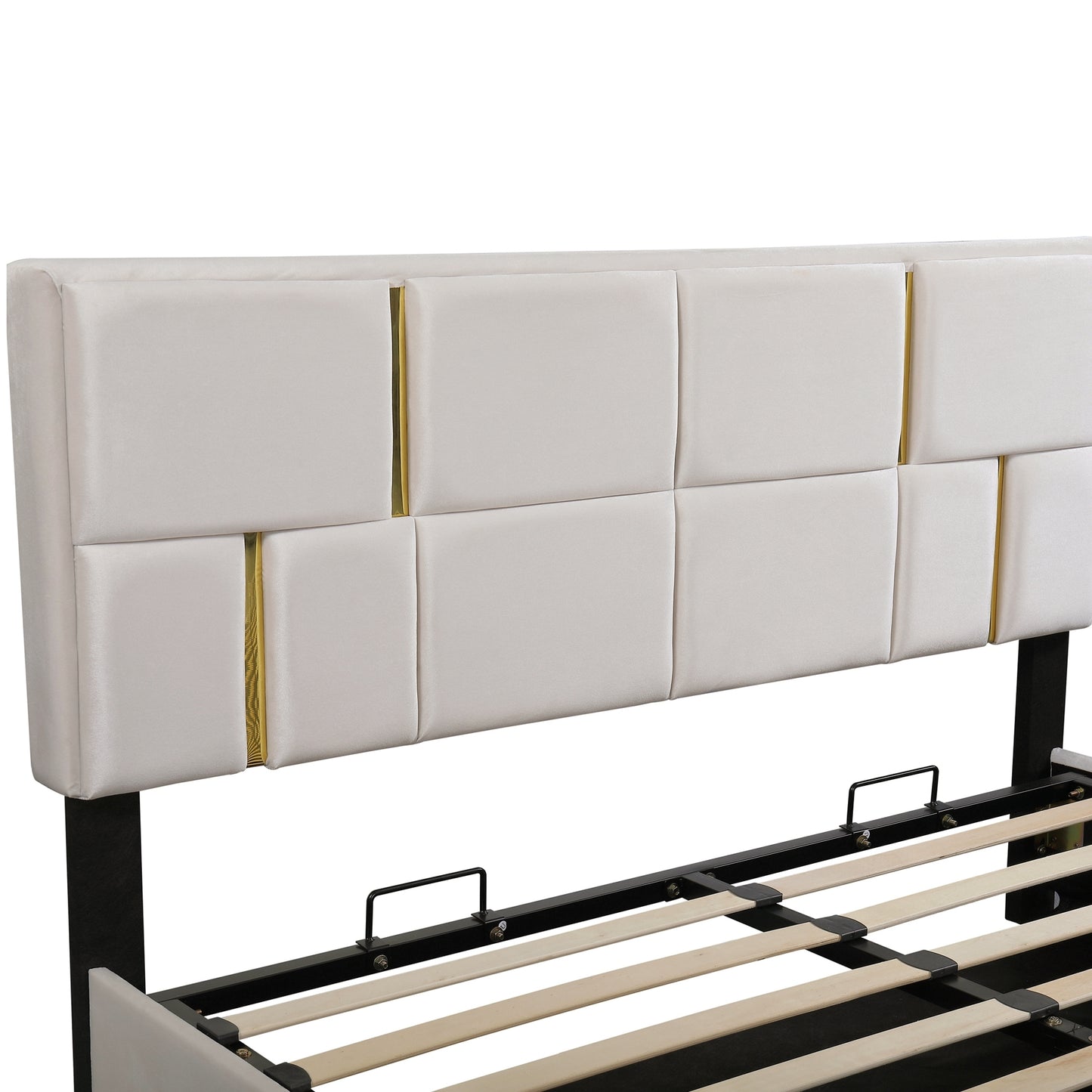 Juego de dormitorio de 2 piezas, cama Queen con plataforma tapizada y sistema de almacenamiento hidráulico, otomana con patas de metal, color beige.
