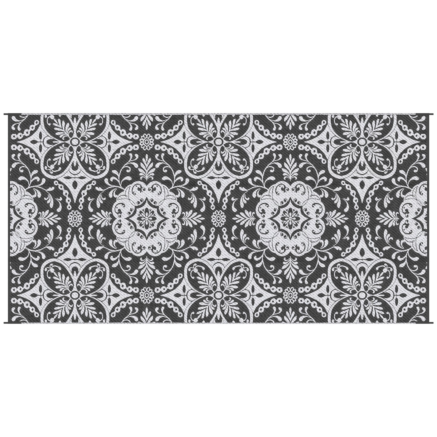 Outsunny Reversible Outdoor Rug, 9' x 18' Waterproof Plastic Straw Floor Mat, Portable RV Camping Carpet with Carry Bag, Large Floor Mat for Backyard, Deck, Picnic, Beach, Gray & White Floral