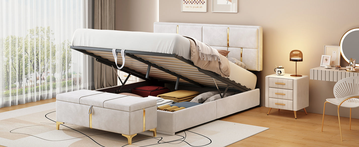 Juego de dormitorio de 2 piezas, cama Queen con plataforma tapizada y sistema de almacenamiento hidráulico, otomana con patas de metal, color beige.