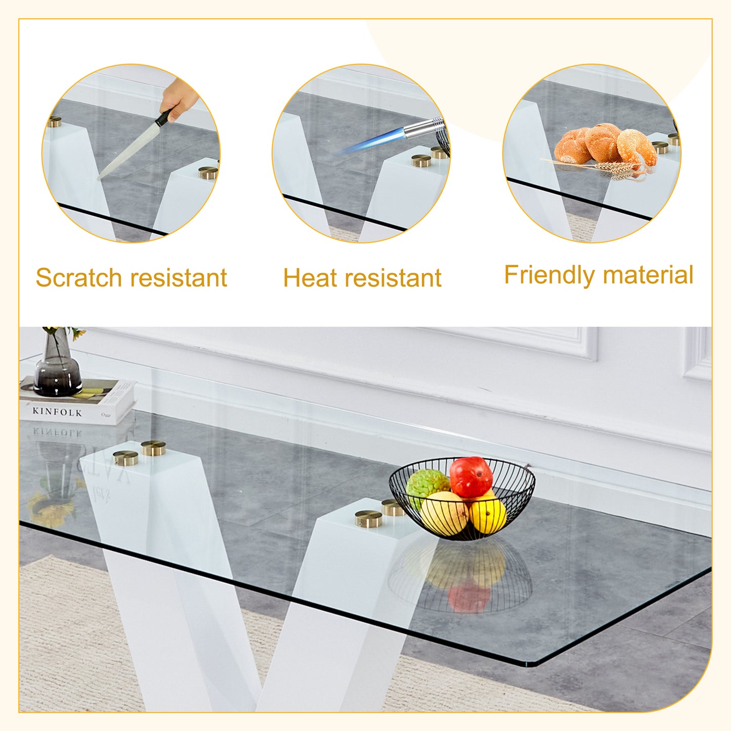 Table and chair set.Subtle Luxury Clear Tempered Glass Dining Set - 71"x35.4" with 6 Light Gray PU Chairs.C-tube Gold Metal Chair Legs.Bring a comfortable home experience to the kitchen, bedroom.