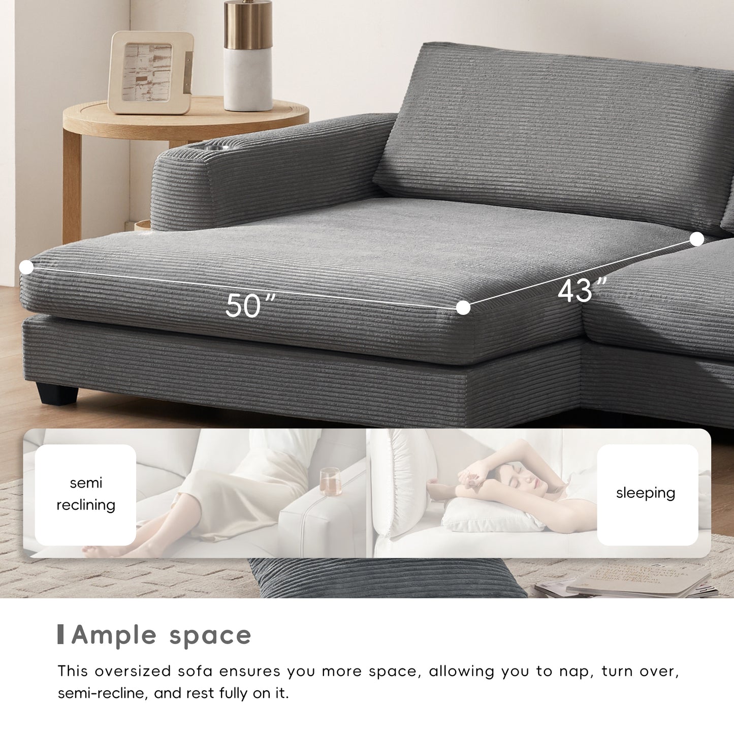 Sofá seccional extragrande de pana de 134 x 54 pulgadas, sofá nube en forma de L con puerto de carga USB, portavasos, sofá cama profundo con chaise longue de 50 pulgadas, cómodo mueble de interior para sala de estar, 3 colores