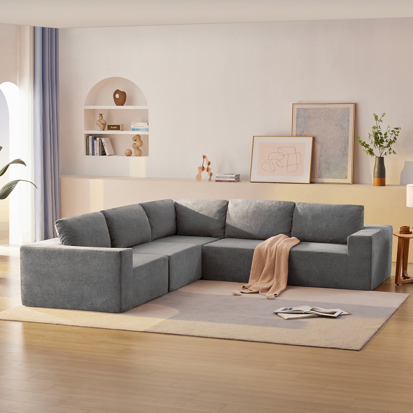 Sofá modular seccional en forma de L de 116 x 116 pulgadas, juego de sofá de piso de lujo, muebles de interior tapizados, sofá de espuma comprimida para sala de estar y dormitorio, combinación de 5 piezas, 3 colores