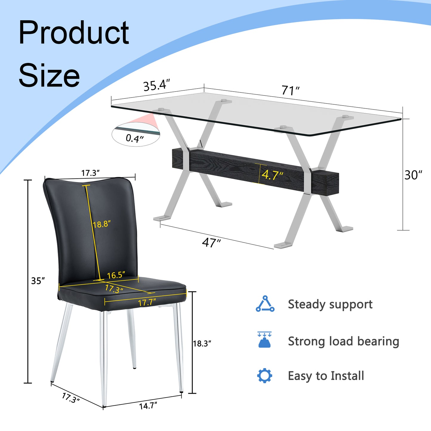 Table and chair set.Elegant Transparent Tempered Glass Dining Set - 71"x35.4" with 6 Black PU Chairs with a vertical stripe design on the backrest.