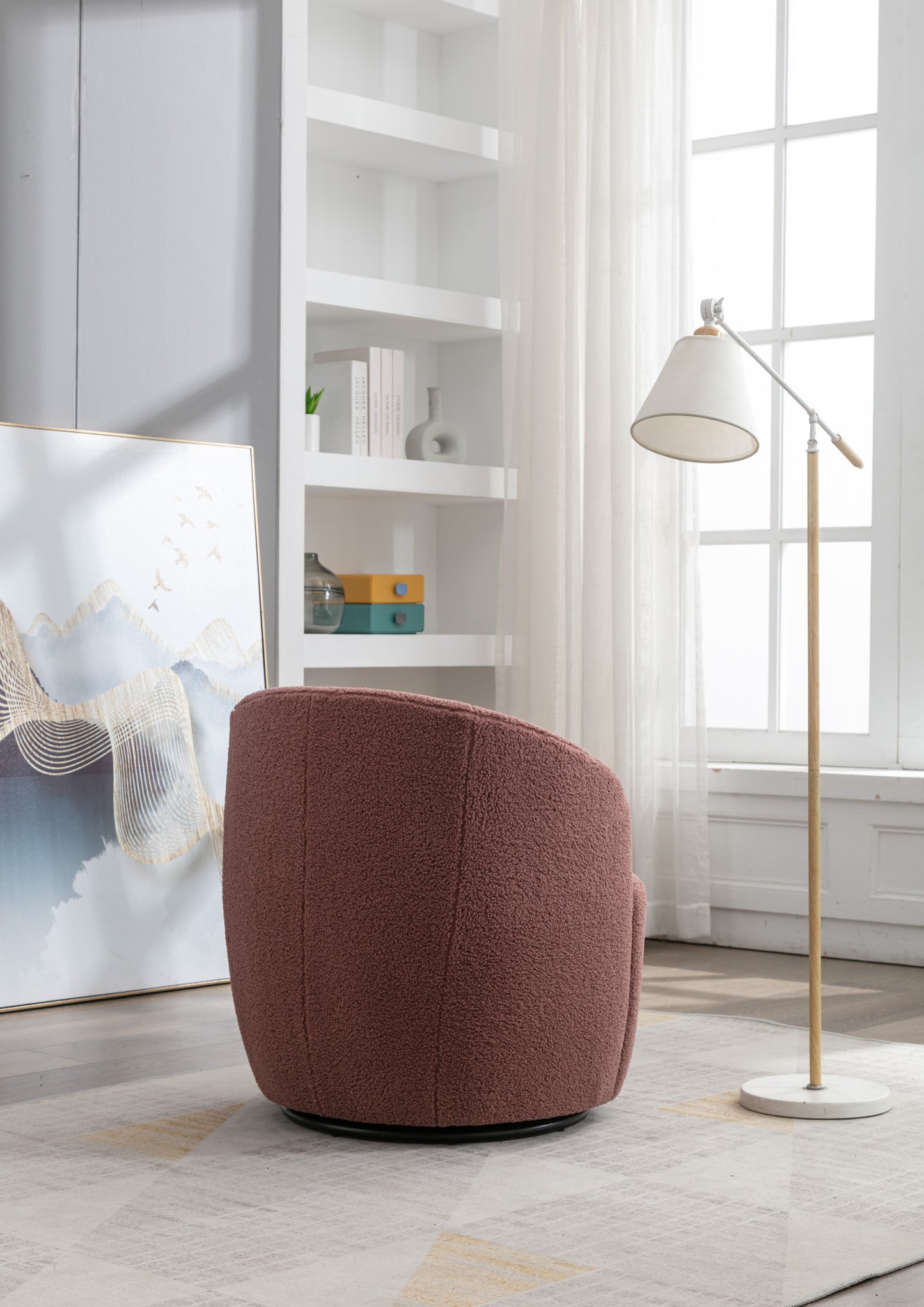 Teddy Fabric Swivel Accent Armchair Barrel Chair With Black Powder Coating Metal Ring,Dark Red