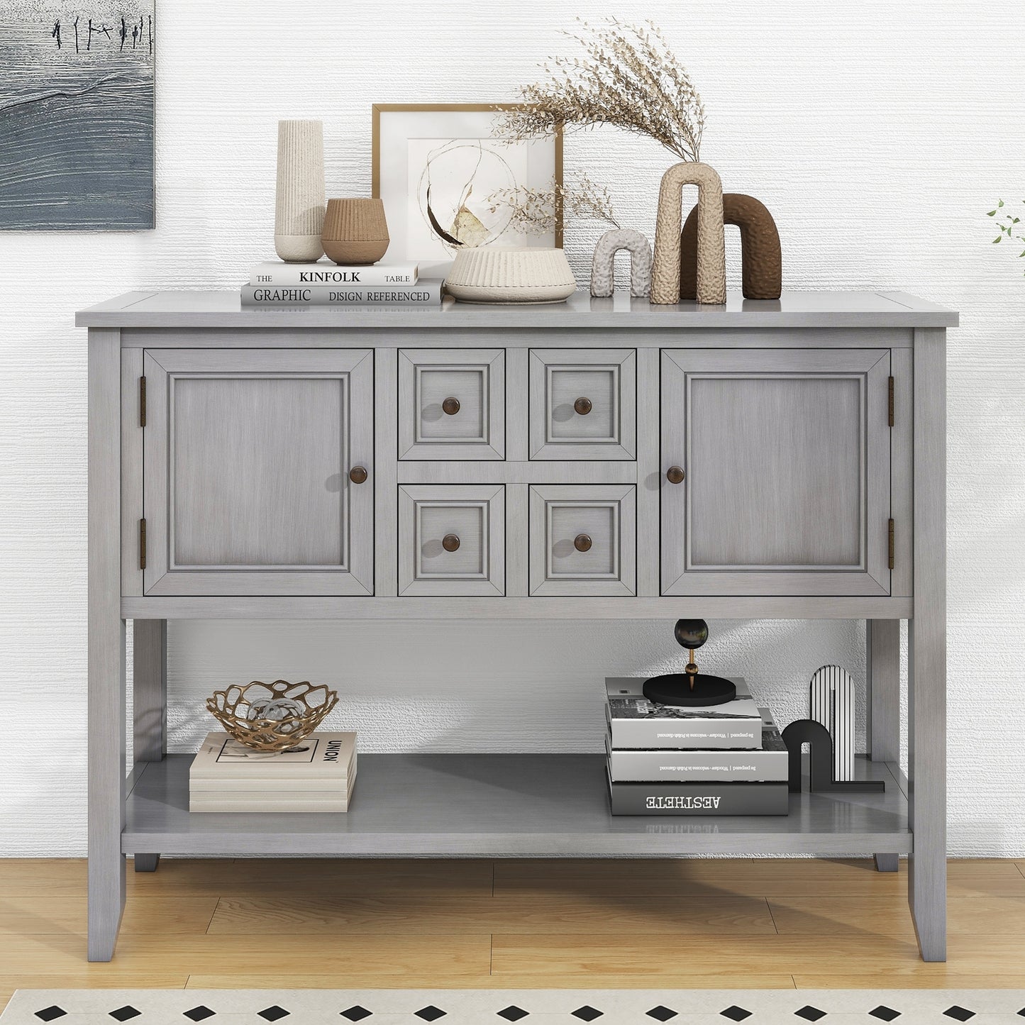 TREXM Cambridge Series Ample Storage Vintage Console Table with Four Small Drawers and Bottom Shelf for Living Rooms, Entrances and Kitchens (Antique Gray, OLD SKU: WF190263AAE)