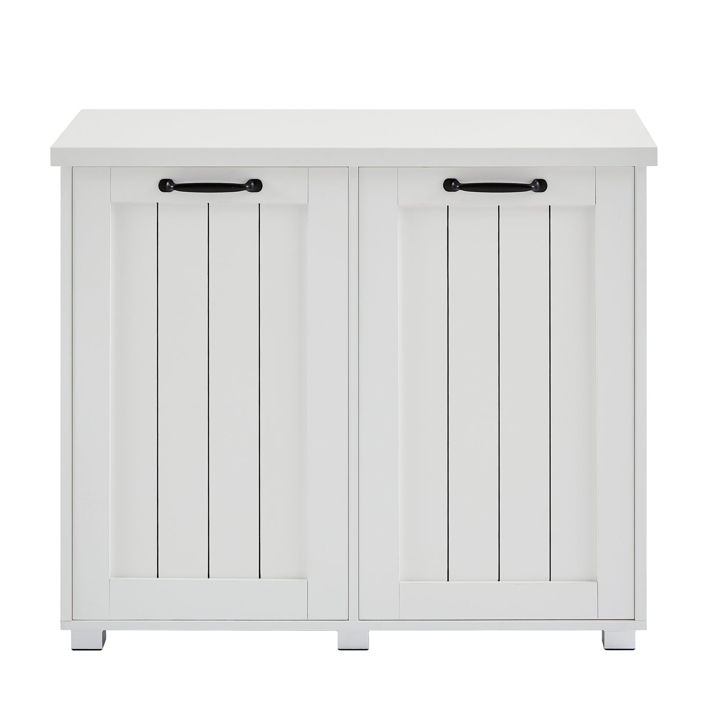 Gabinete de basura abatible de dos compartimentos, gabinete de basura de cocina a prueba de mascotas con tabla de cortar, gabinete clasificador de ropa independiente, cesto para ropa sucia, blanco