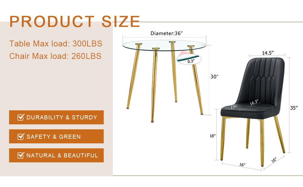 Table and chair set.36 Inch Diameter Modern Luxury Glass Dining Table and Chair Set - Gold Frame, Metal Legs.Two Black PU Chairs with Simple Line Designs On The Backrest.