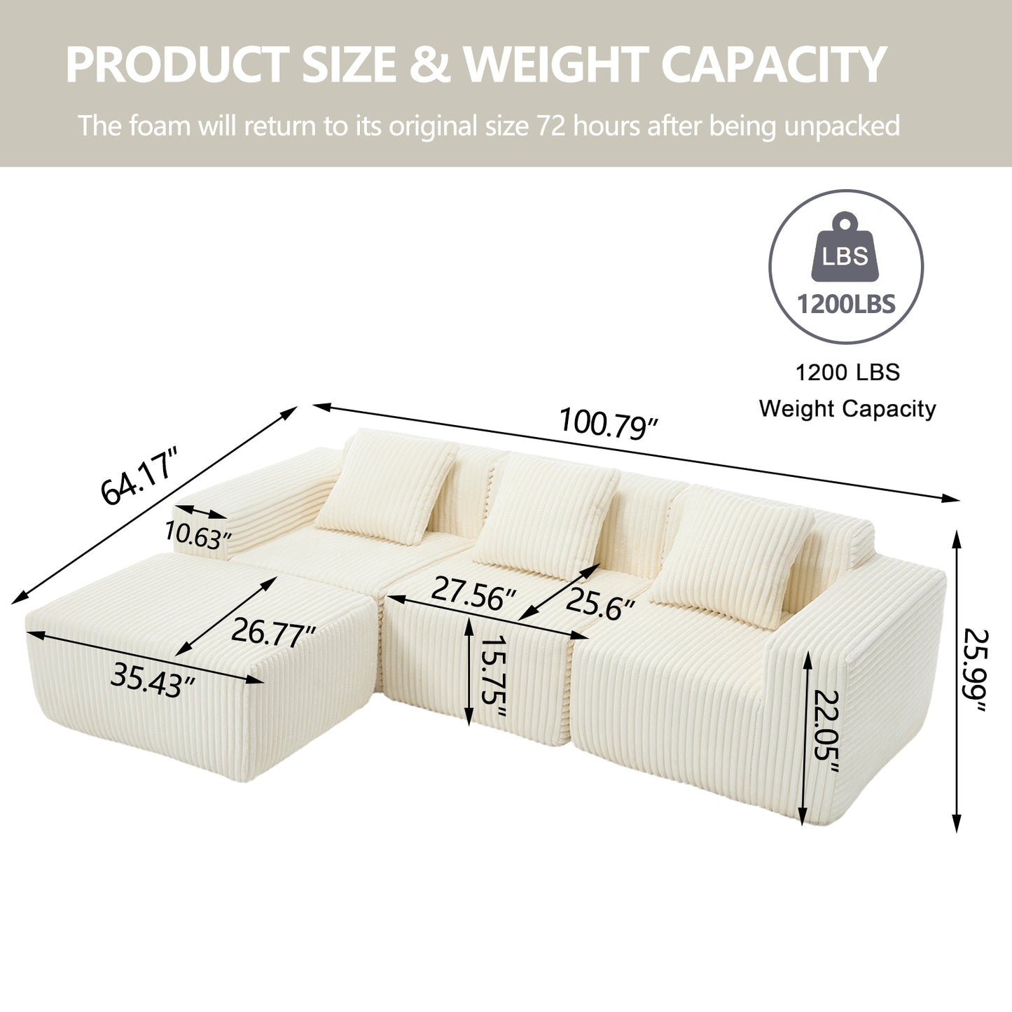 Modern Minimalist Modular Sectional Sofa, L-Shape Upholstered Cloud Couch with Deep Seats, Right Facing Chaise for Living Room-White