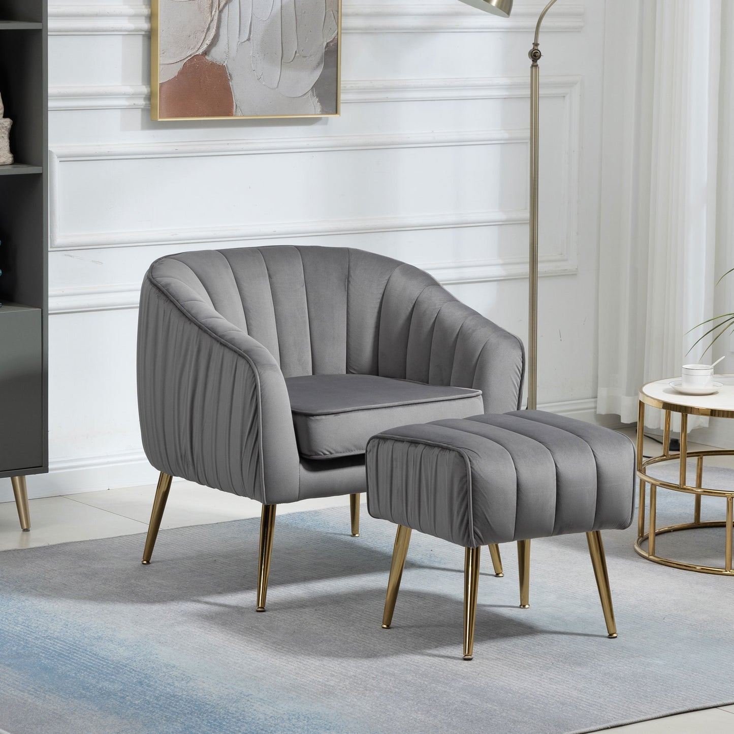 Sillón de terciopelo con otomana, moderno conjunto de otomana con capitoné para sala de estar y dormitorio, acabado dorado, gris
