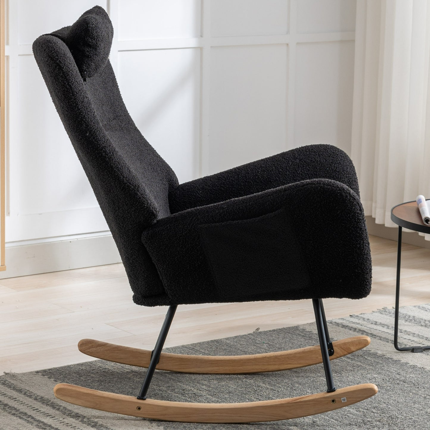 35.5 inch Rocking Chair with Pocket, Soft Teddy Fabric Rocking Chair for Nursery, Comfy Wingback Glider Rocker with Safe Solid Wood Base for Living Room Bedroom Balcony (black)