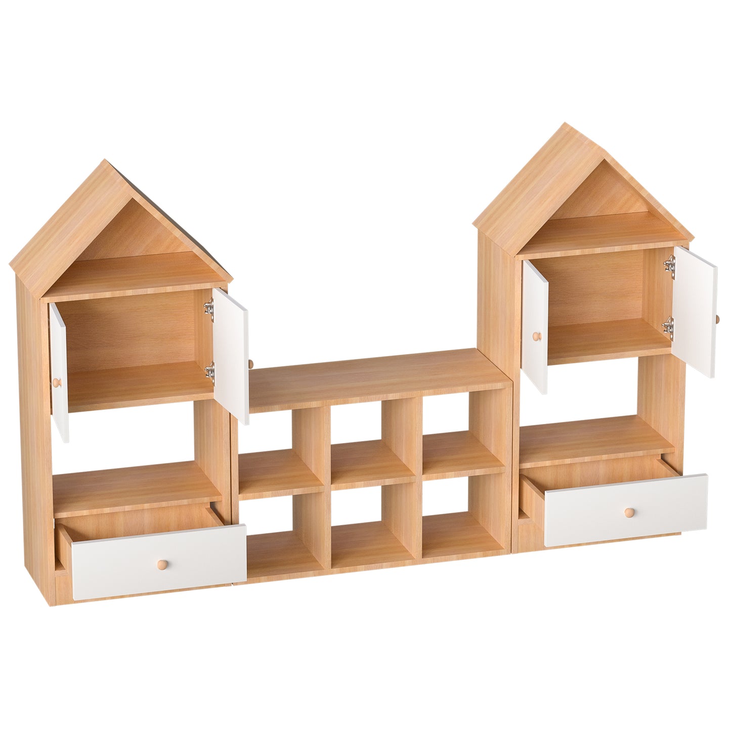 Estantería infantil versátil con diseño en forma de casa, almacenamiento multifuncional para libros y juguetes, ubicación ajustable, organizador infantil duradero para sala de juegos o dormitorio, fácil de montar y seguro para niños.