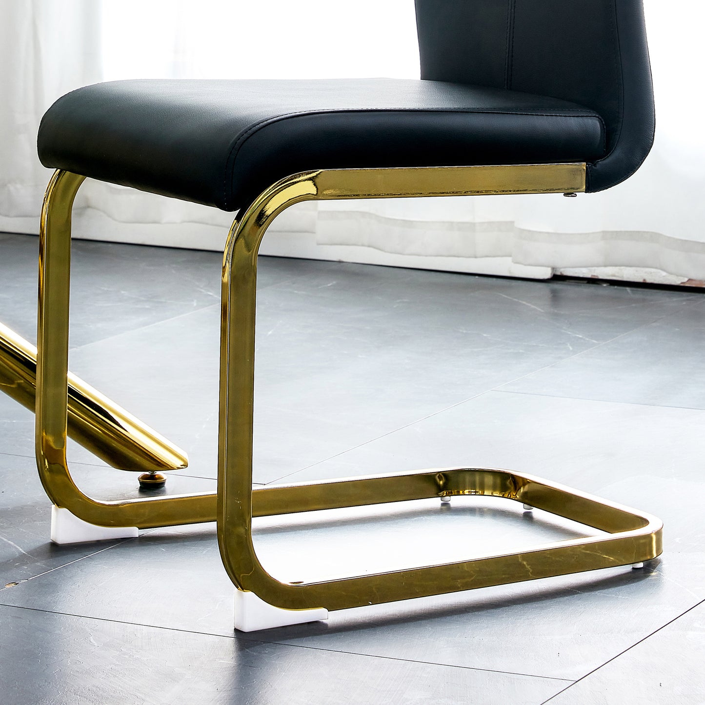 Table and chair set,Modern rectangular table with 0.4 inch black patterned tabletop and gold legs, suitable for kitchen, dining room, and living room , Comfortable PU seats,perfect for dinner, meet