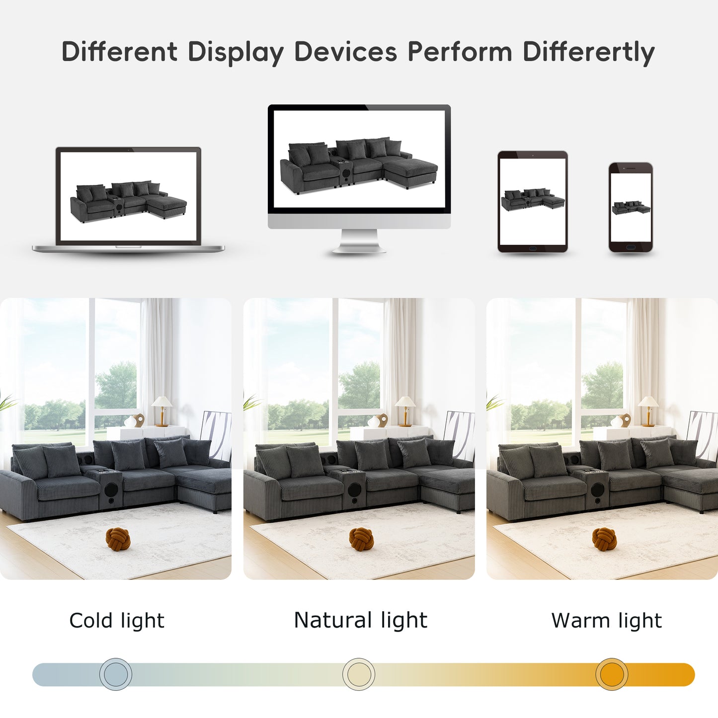 114*64'' Corduroy Sectional Sofa with Bluetooth Speakers,L Shaped Couch with Console,USB Charger,Cup Holders,Storage,Ottoman,Deep and Wide Seat Cloud Sofa for Living Room,Apartment,2 Colors