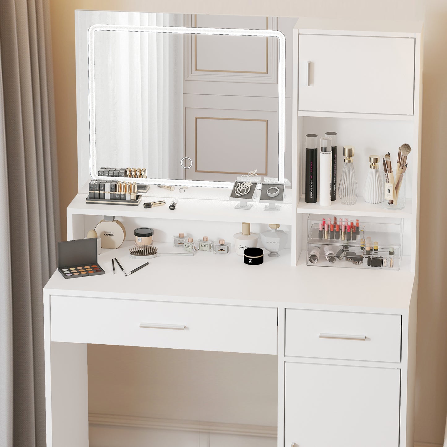 Tocador con espejo y tira de luz LED, tocador con cajón grande, 3 niveles de almacenamiento y 3 modos de iluminación con brillo ajustable, ideal para dormitorio (blanco)