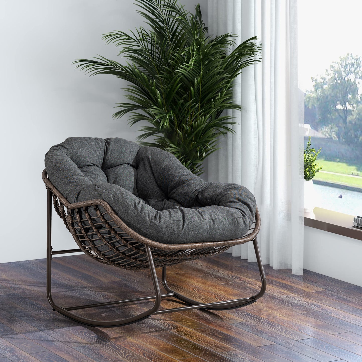 Mecedora de ratán para exterior, con cojín acolchado, reclinable, para porche, sala de estar, patio y jardín, color gris.