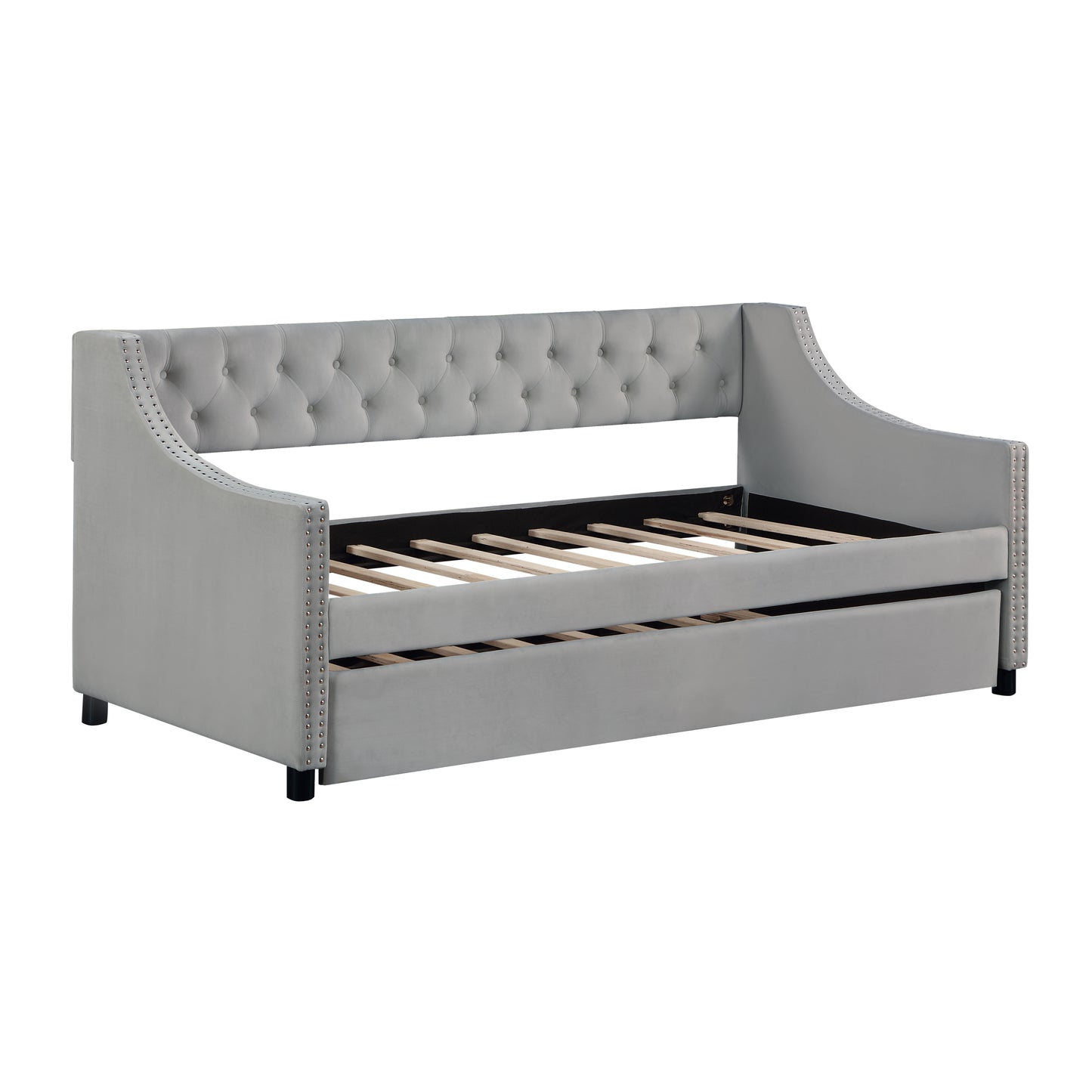 Daybed with Trundle Upholstered Tufted Sofa Bed, with Button and Copper Nail on Arms,full Size Grey.