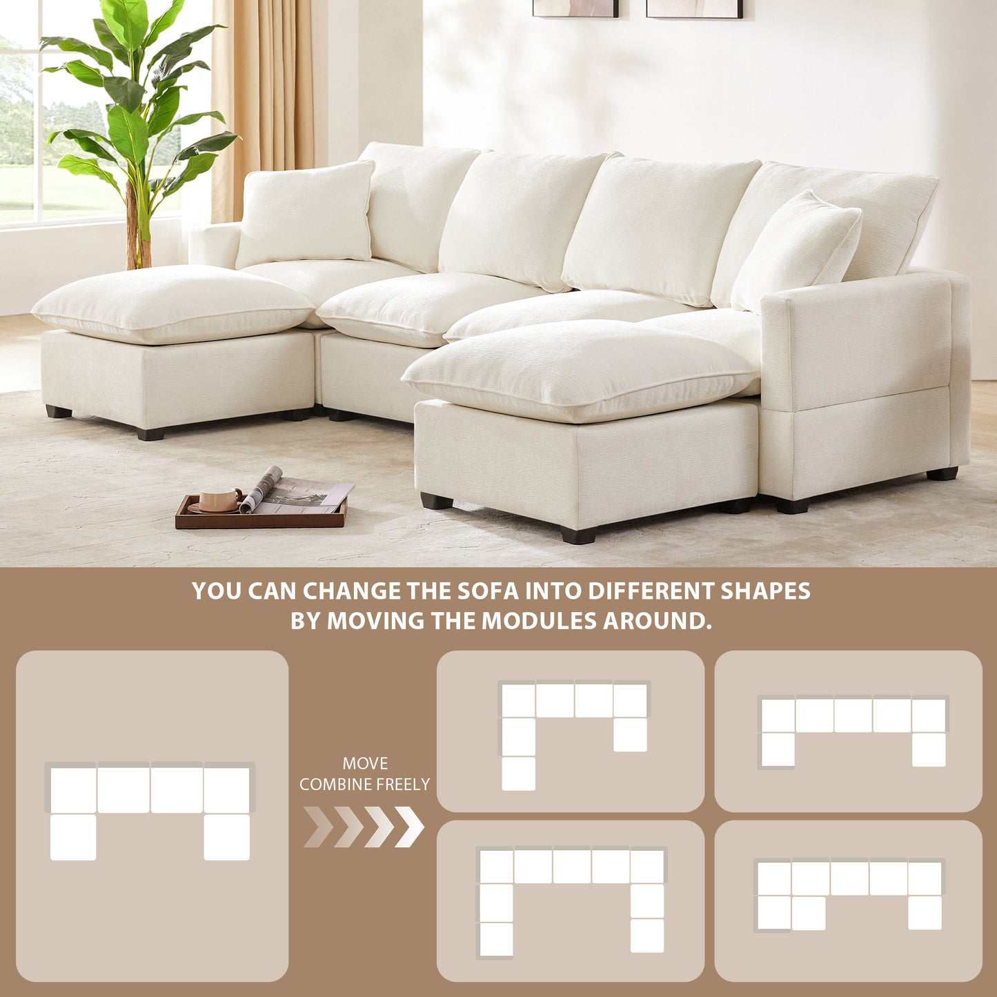 110*57" Modern U Shape Modular Sofa, 6 Seat Chenille Sectional Couch Set with 2 Pillows Included, Freely Combinable Indoor Funiture for Living Room, Apartment, Office, 2 Colors