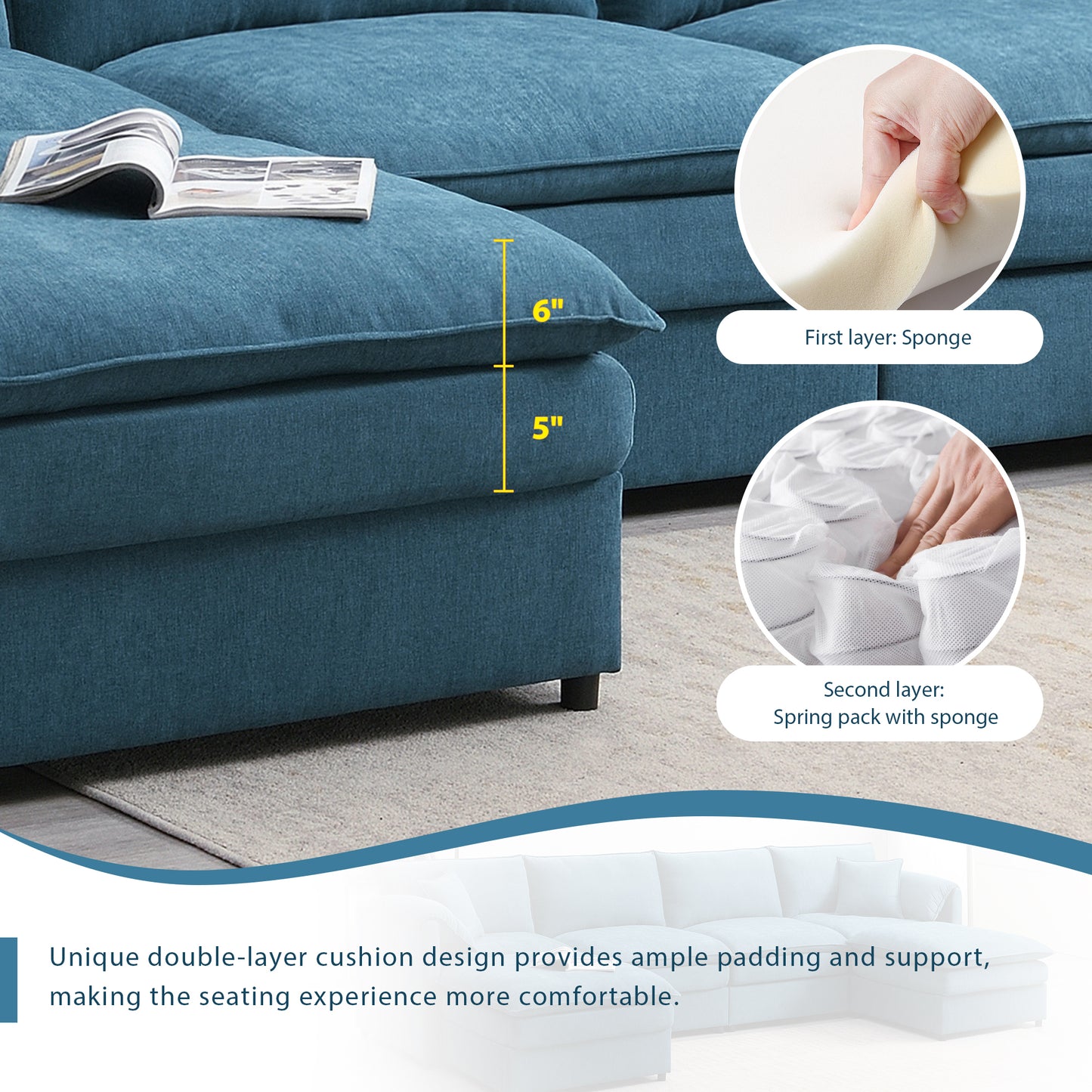 134*66" Chenille Modular Sectional Sofa,U Shaped Cloud Couch Set with Double Cushions ,6 Seat Sleeper Sofa Bed with Ottomans,Oversized Indoor Furniture for Living Room, 3 Colors