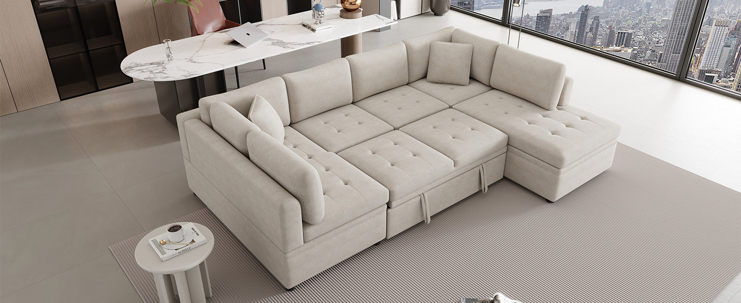 Sofá seccional extragrande de 117.3" en forma de U, sofá cama extraíble con dos cojines para sala de estar, color beige