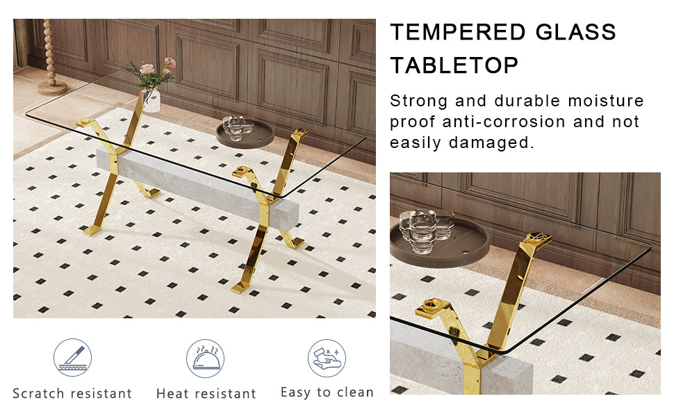 Table and chair set.Elegant Transparent Tempered Glass Dining Set - 71"x35.4" with 6 Black PU Chairs with golden C-tube metal leg.