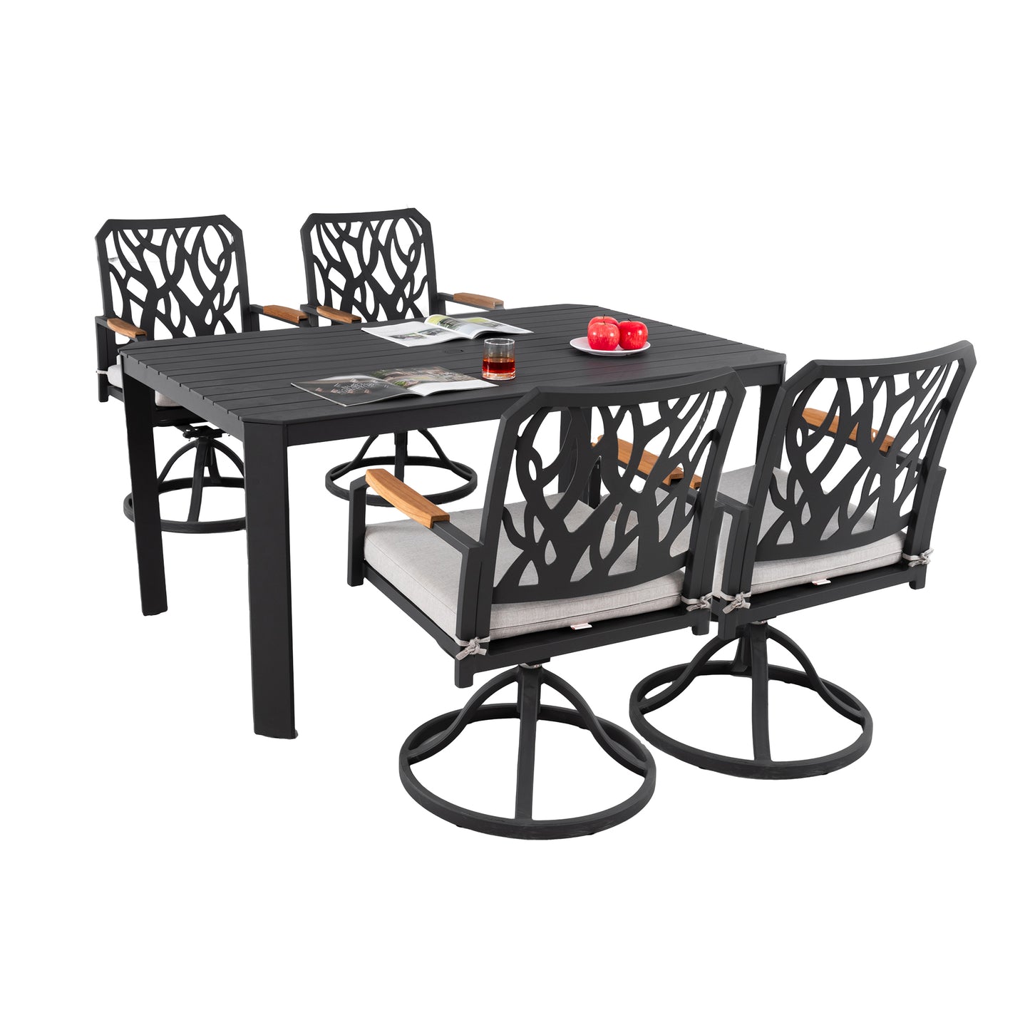 5PCs Outdoor Patio Aluminum Furniture Set, Modern Dining Set with 4 Swivel Rockers Sunbrella Fabric Cushioned, Nature-Inspired Branch-Like Backrest, Rectangular Table with Umbrella Hole, Bourbon Brown
