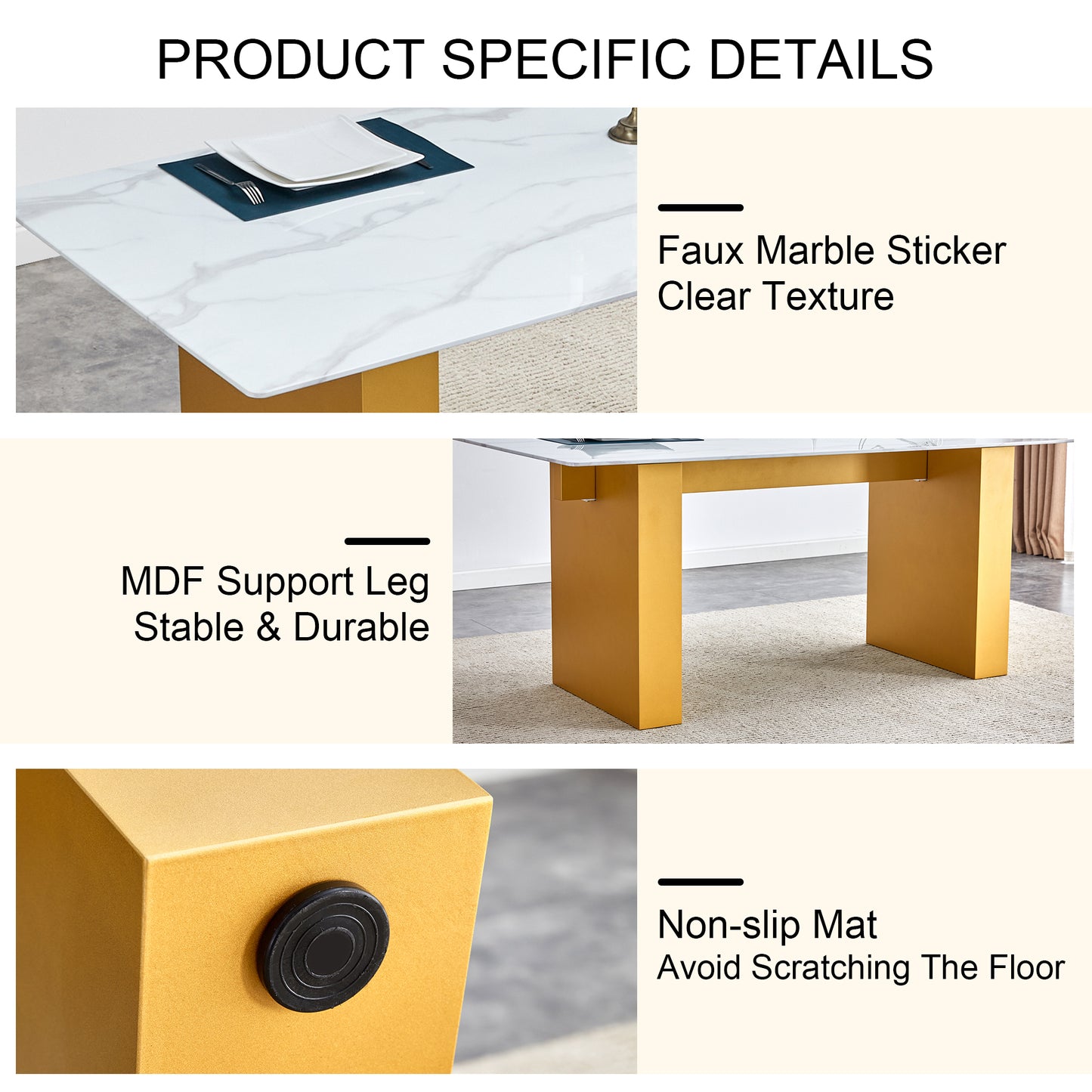 Table and chair set.Large modern rectangular table with 0.4 inch patterned glass tabletop and large MDF table legs.Comes with 6 chairs with faux leather cushioned seats and golden metal legs.