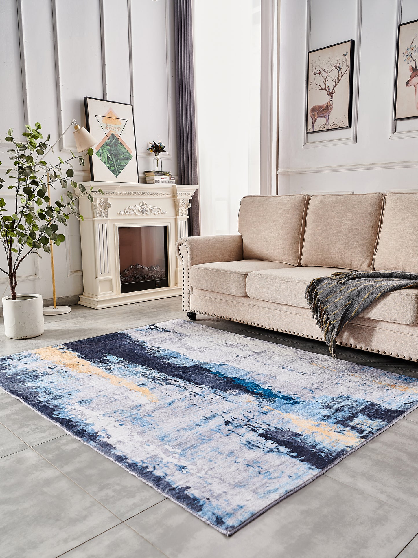 ZARA Collection Abstract Design Gray Blue Yellow (5' ft x 3' ft) Machine Washable Super Soft Area Rug
