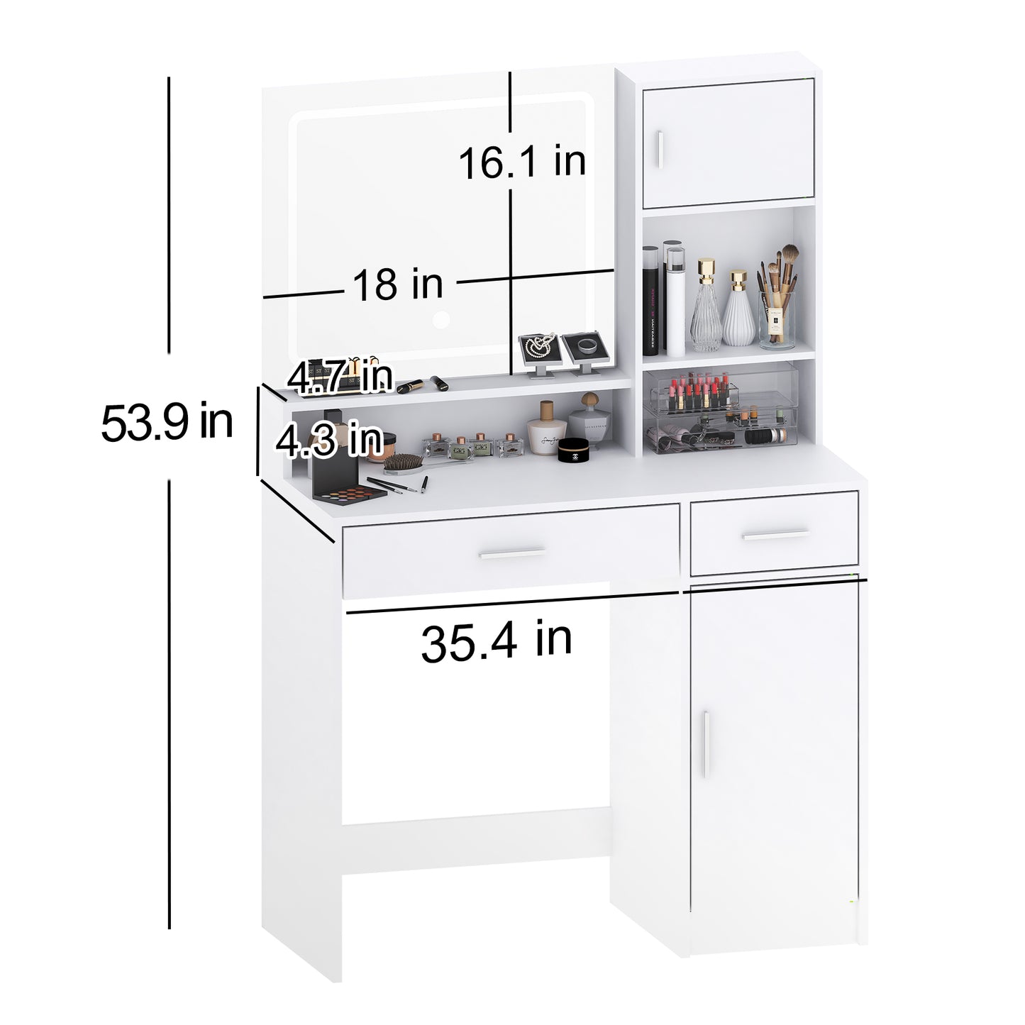 Tocador con espejo y tira de luz LED, tocador con cajón grande, 3 niveles de almacenamiento y 3 modos de iluminación con brillo ajustable, ideal para dormitorio (blanco)