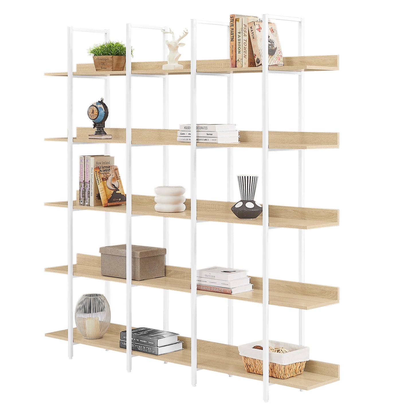 Librería de 5 niveles para oficina en casa, estilo industrial vintage, tablero de MDF, estructura de metal blanco, roble