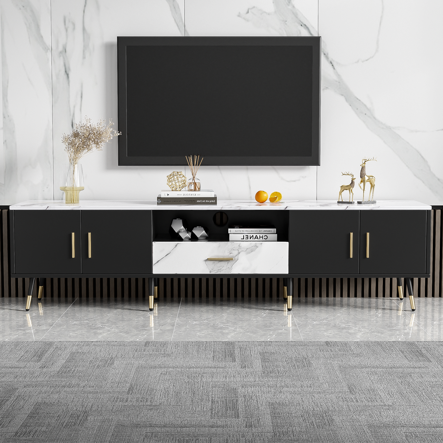 71'' Modern TV Stand with 2 Cabinets& Open Compartments, Entertainment Center for TVs up to 80'', Television Console for Living Room, Bedroom, Home Theatre