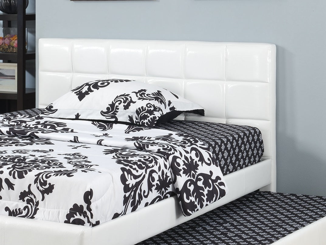Twin Size Bed w/ Trundle Slats White Faux Leather Upholstered Plywood Kids Youth Bedroom Furniture Wooden Slats 1pc Bed