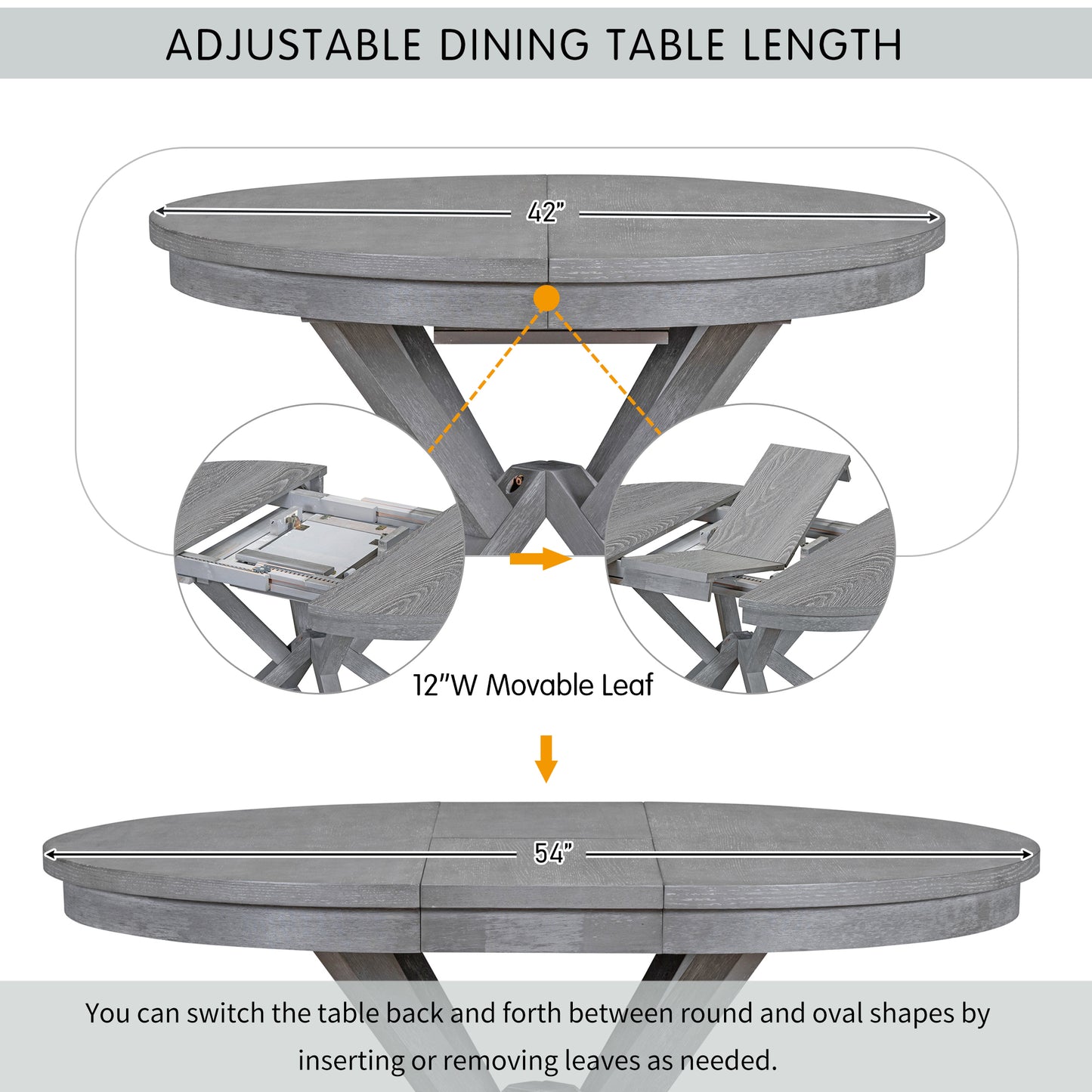 TREXM 5-Piece Retro Functional Dining Table Set Extendable Round Table and 4 Upholstered Chairs for Dining Room and Living Room (Grey)
