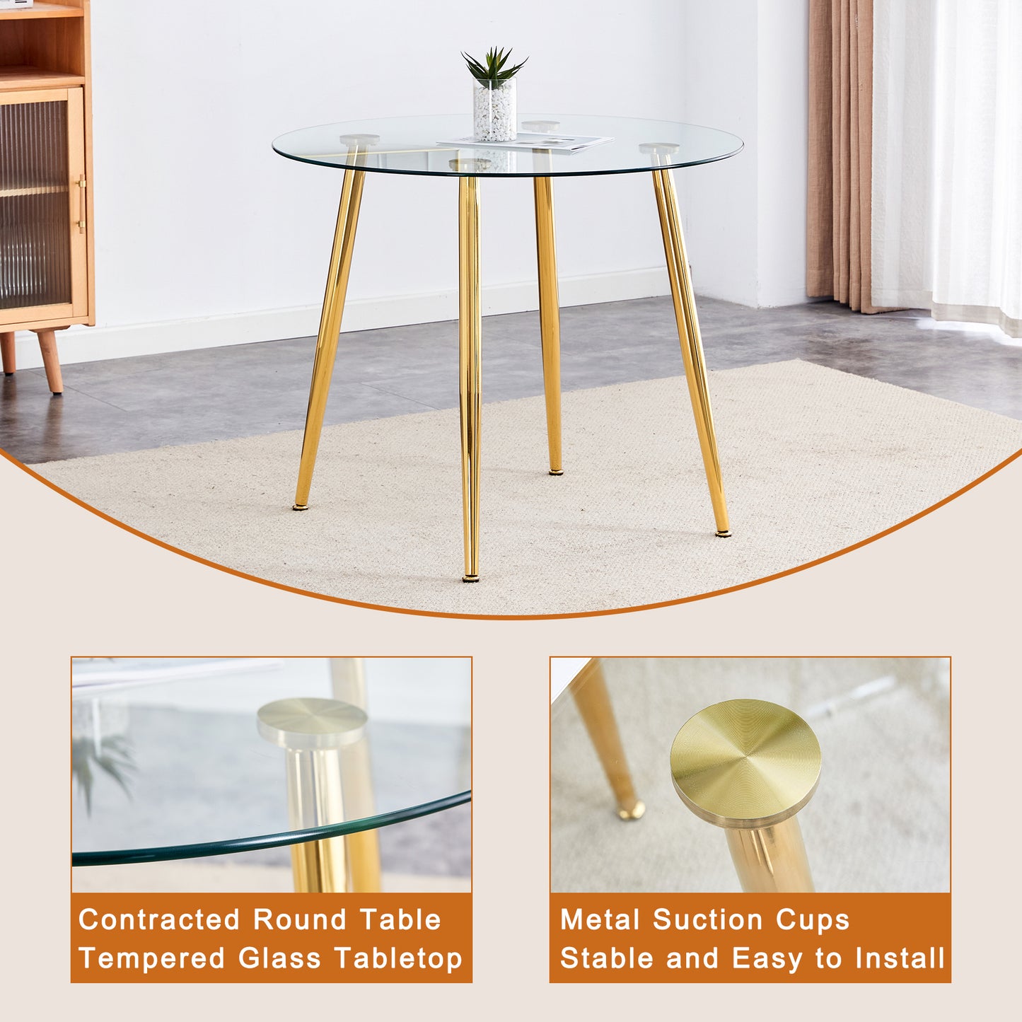 Table and chair set.36 Inch Diameter Modern Luxury Glass Dining Table and Chair Set - Gold Frame, Metal Legs.Two Black PU Chairs with Simple Line Designs On The Backrest.