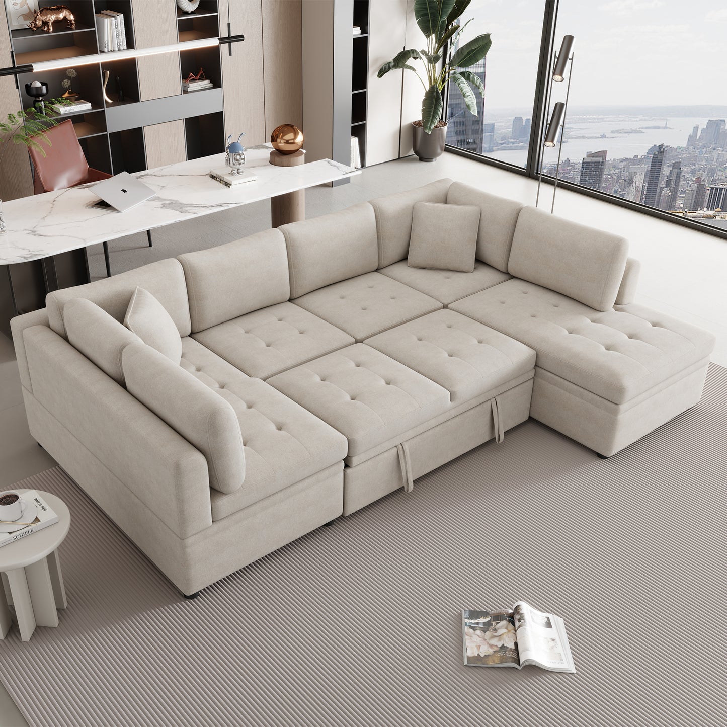 Sofá seccional extragrande de 117.3" en forma de U, sofá cama extraíble con dos cojines para sala de estar, color beige
