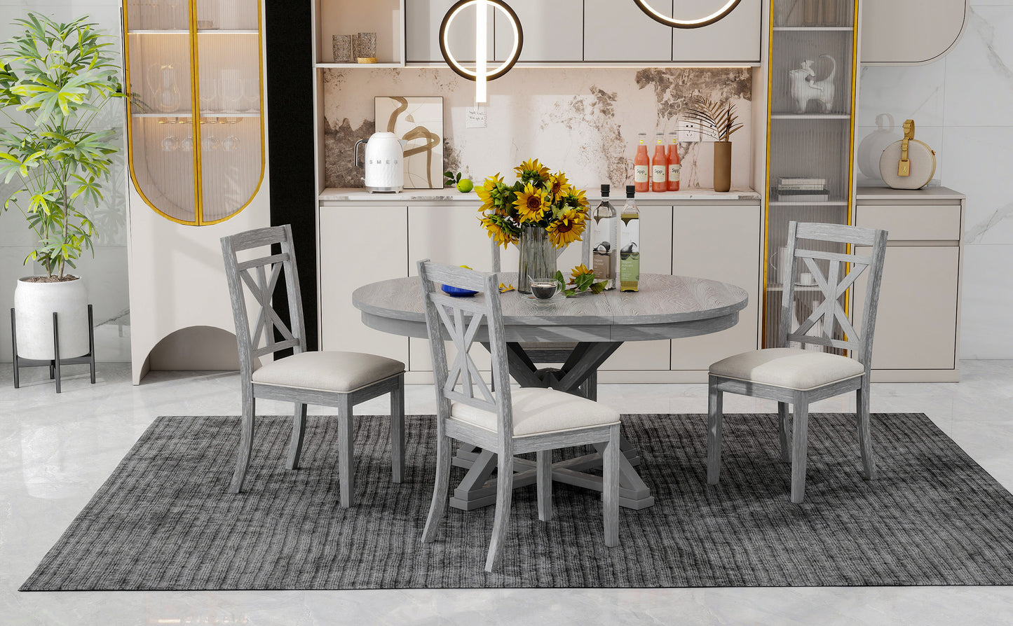 TREXM 5-Piece Retro Functional Dining Table Set Extendable Round Table and 4 Upholstered Chairs for Dining Room and Living Room (Grey)