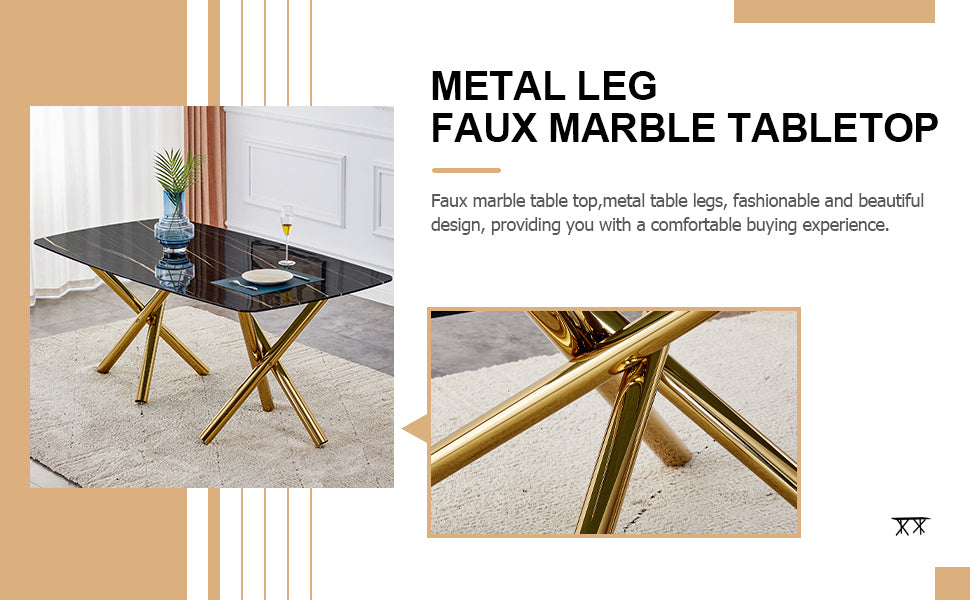Large modern minimalist rectangular dining table with 0.39 "imitation marble black tabletop and golden metal legs, paired with chairs with PU cushions and black metal legs. F-1538 C-007