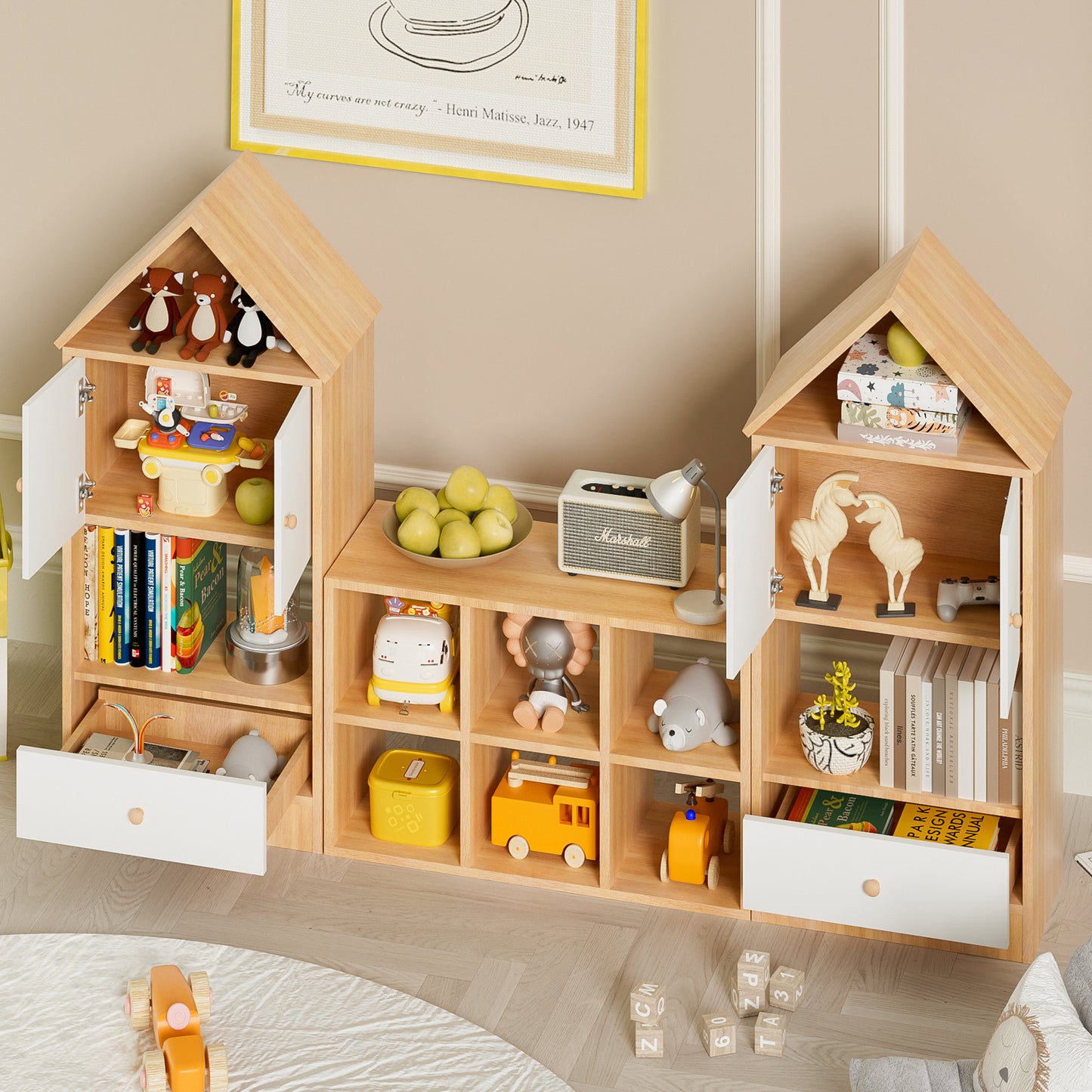 Estantería infantil versátil con diseño en forma de casa, almacenamiento multifuncional para libros y juguetes, ubicación ajustable, organizador infantil duradero para sala de juegos o dormitorio, fácil de montar y seguro para niños.