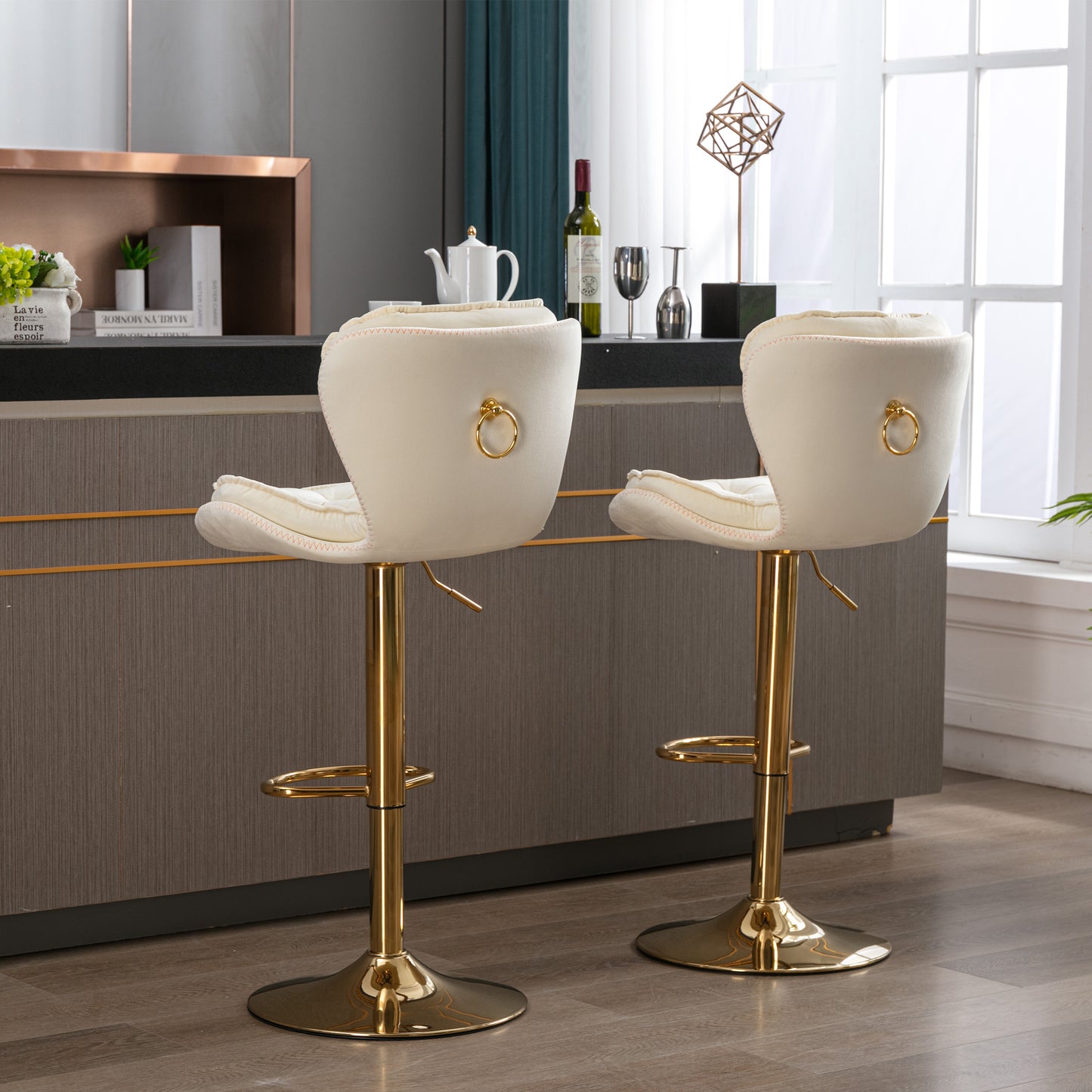 Set of 2 Bar Stools,with Chrome Footrest and Base Swivel Height Adjustable Mechanical Lifting Velvet + Golden Leg Simple Bar Stool-cream