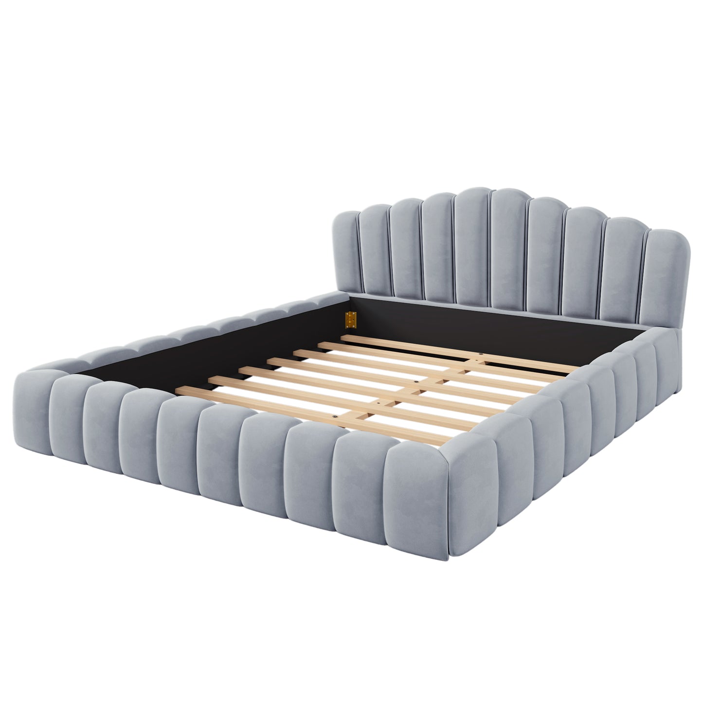 Cama Queen tapizada en terciopelo con marco de suelo y cabecero en forma de concha para dormitorio, sin necesidad de somier, color azul claro