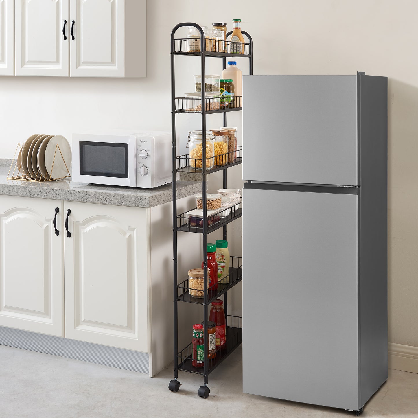 6 Tier Slim Rolling Storage Cart, Mobile Shelving Unit with Wheels, Metal Wire Storage Shelving Rack with Baskets for Kitchen Bathroom Office Laundry Narrow Piaces