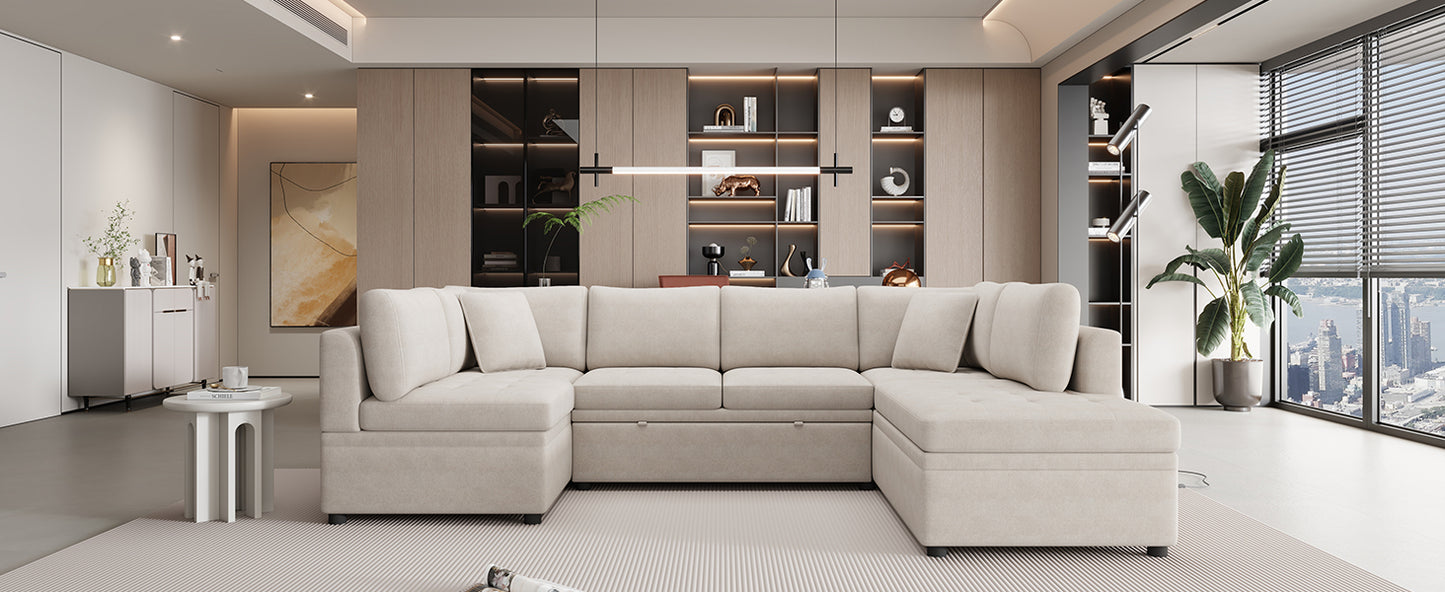 Sofá seccional extragrande de 117.3" en forma de U, sofá cama extraíble con dos cojines para sala de estar, color beige