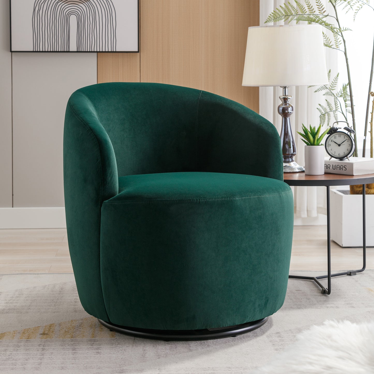 Sillón giratorio de terciopelo con acento tipo barril y aro metálico con revestimiento en polvo negro, color verde