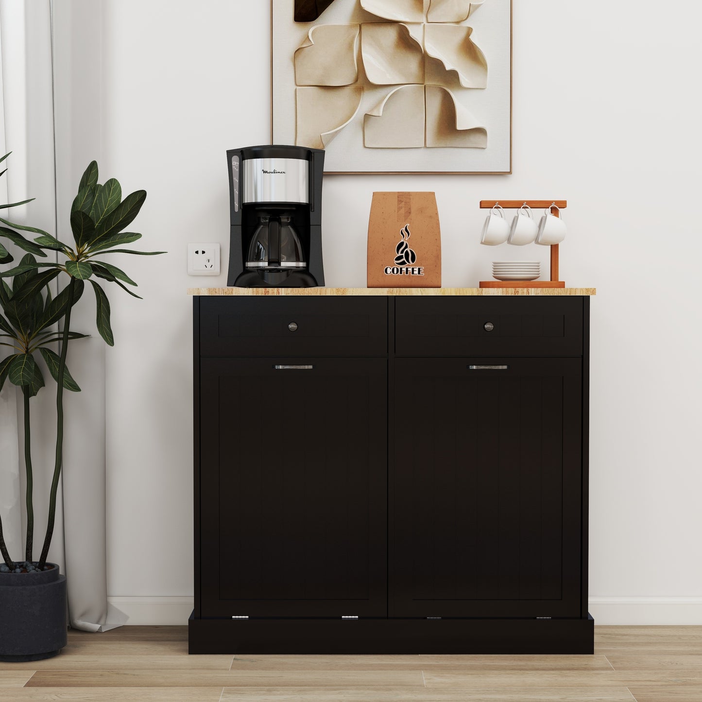 Gabinete de basura abatible con dos cajones y dos compartimentos Gabinete de basura de cocina - Negro