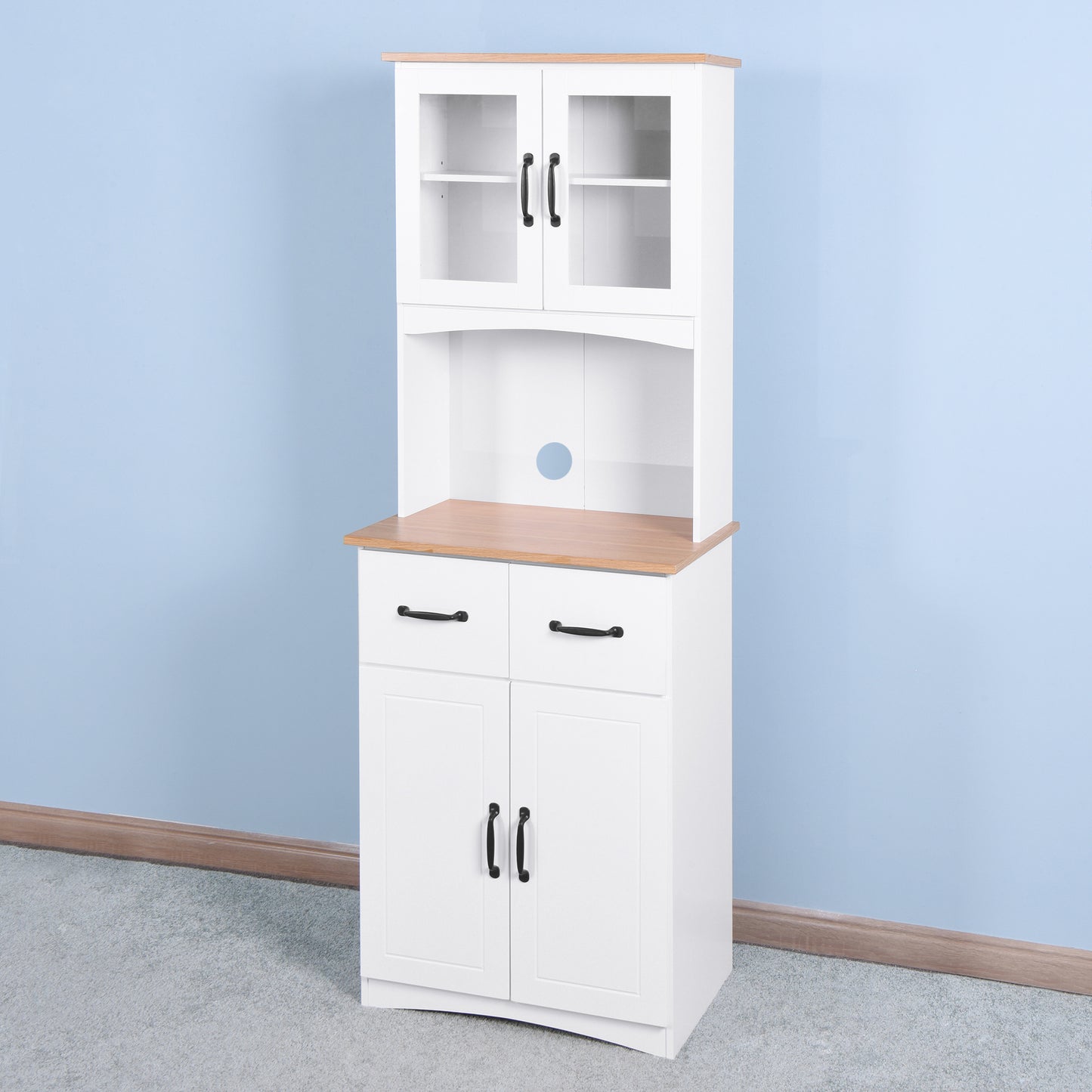 Gabinete de cocina de madera blanco para despensa, armario para microondas con puertas de vidrio enmarcadas y cajón.