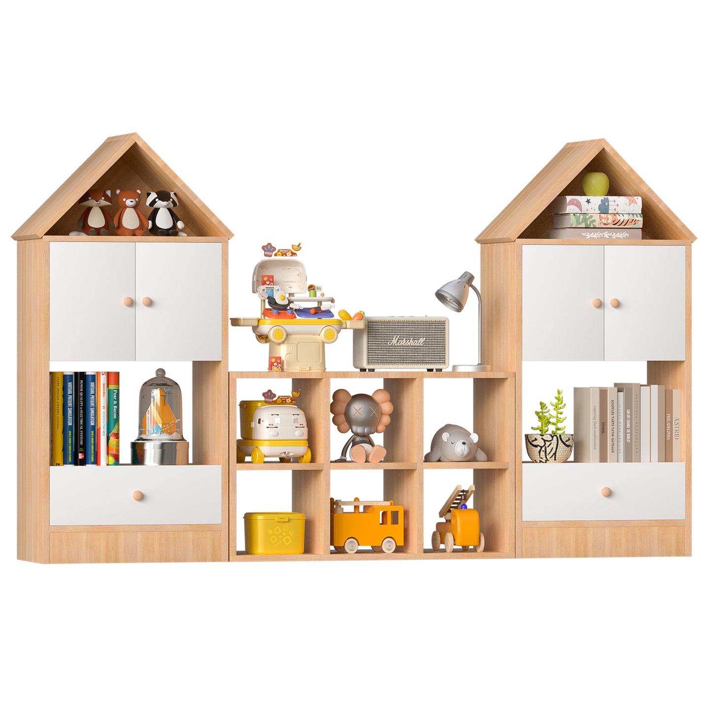 Estantería infantil versátil con diseño en forma de casa, almacenamiento multifuncional para libros y juguetes, ubicación ajustable, organizador infantil duradero para sala de juegos o dormitorio, fácil de montar y seguro para niños.