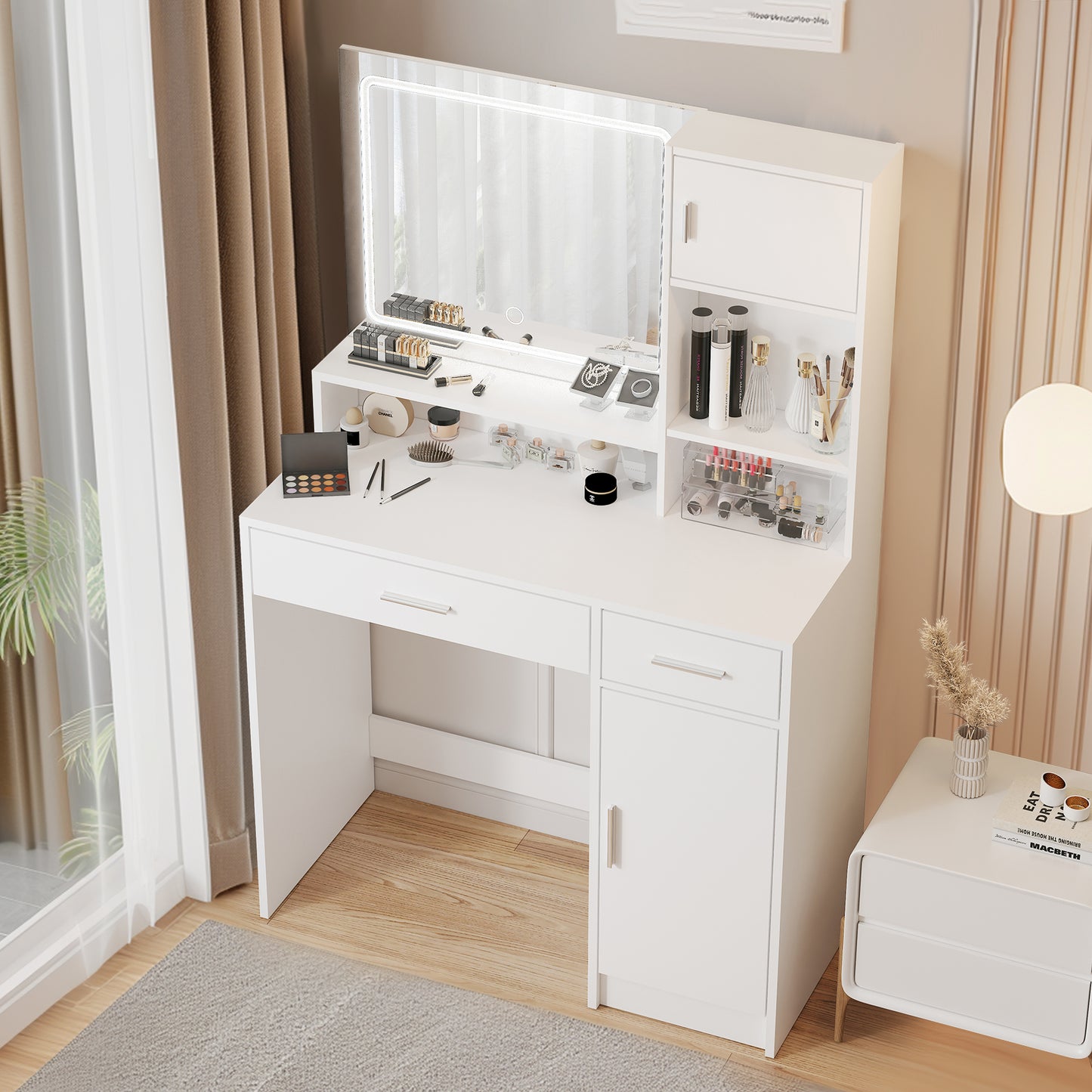 Tocador con espejo y tira de luz LED, tocador con cajón grande, 3 niveles de almacenamiento y 3 modos de iluminación con brillo ajustable, ideal para dormitorio (blanco)