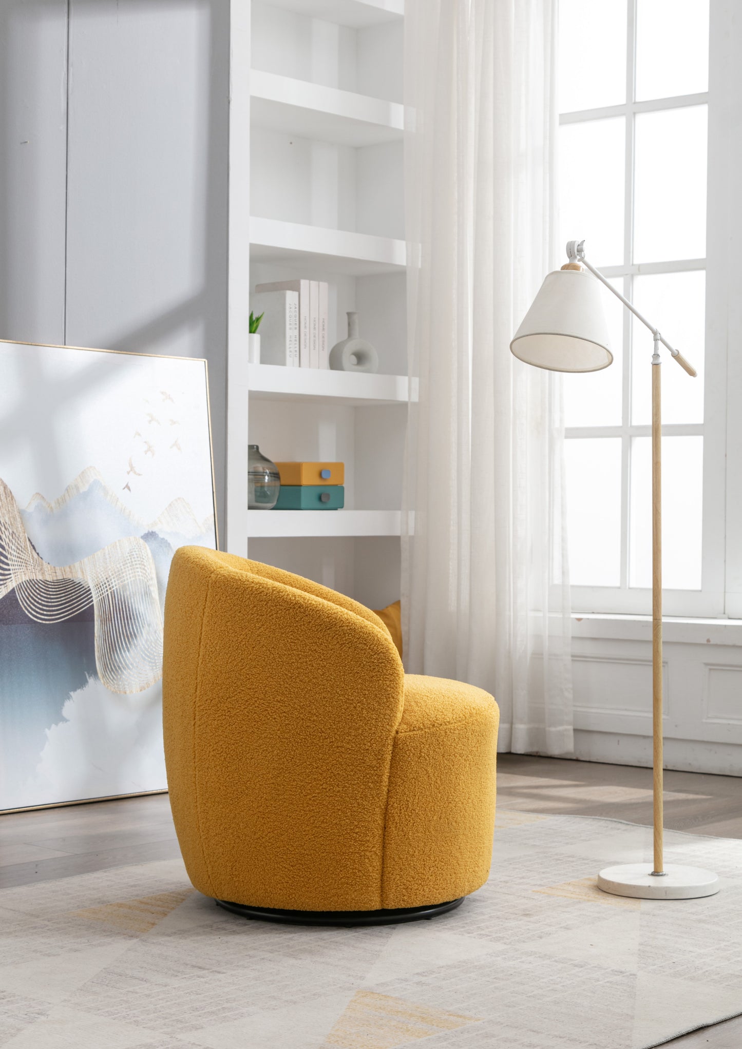 Sillón giratorio de tela Teddy con acento tipo barril y aro metálico con recubrimiento en polvo negro, amarillo