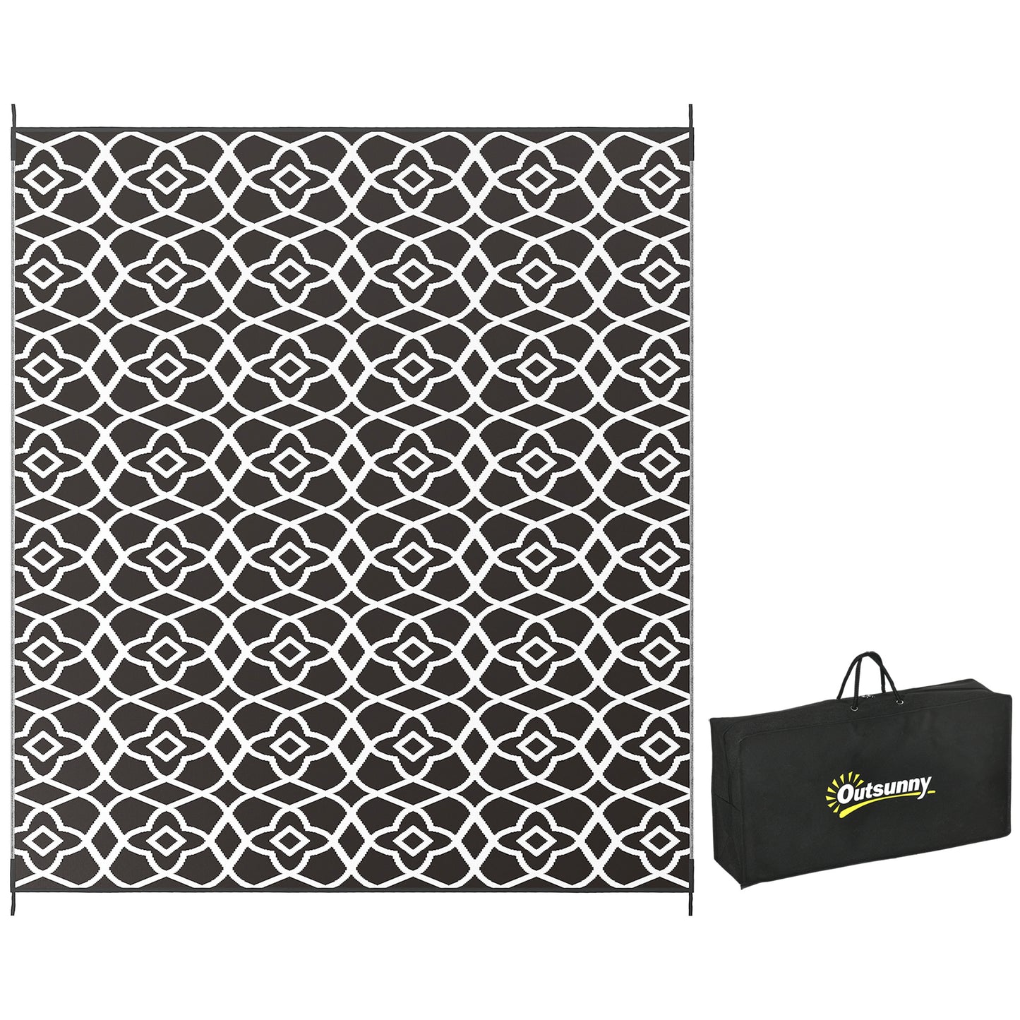 Outsunny Reversible Outdoor Rug, 8' x 10' Waterproof Plastic Straw Floor Mat, Portable RV Camping Carpet with Carry Bag, Large Floor Mat for Backyard, Deck, Picnic, Beach, Black & White Clover